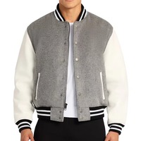 Veste universitaire en laine grise pour homme avec manches blanches, fermeture éclair en PU, logo sur le devant, respirante, style preppy, pour l'automne