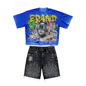 Ensemble deux pièces d'été pour homme : T-shirt graphique moutarde et short en jean à strass effet flamme, style streetwear vintage oversize et déchiré - Product Image 3