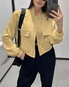 Women's Solid Color Bomber <b>Jacket</b> Full <b>Sleeve</b> Stand Collar Patch Pocket <b>Short</b> Length Autumn Wear - Product Image 4