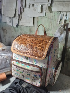 Bohemian Genuine Leather <b>Backpack</b> With <b>Floral</b> Embossing And Colorful Splatter Pattern Zip Closure Daily Use All Seasons - Product Image 3