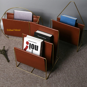 Tan Leather Magazine Holder Minimalist Black Leather Magazine Rack With Gold Metal <b>Frame</b> - Product Image 2