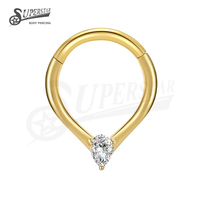 SUPERSTAR Anneau clicker en acier inoxydable 316L, forme goutte d'eau, serti de zircone cubique, pour piercing de nez, de septum, de daith et de hélix
