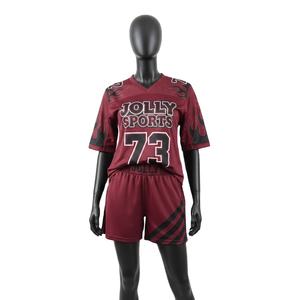 Ensemble short et maillot de football pour femme en micro-mesh polyester à séchage rapide, avec empiècements latéraux bordeaux et noirs, logo thermocollé, 100 % coton - Product Image 1