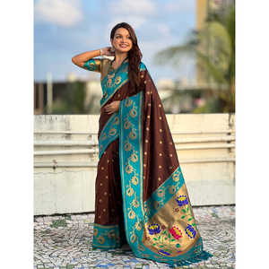 Sari en soie douce de couleur café Elite Weaves, lotus paithani, écharpe et châle traditionnels indiens, 650g - Product Image 1