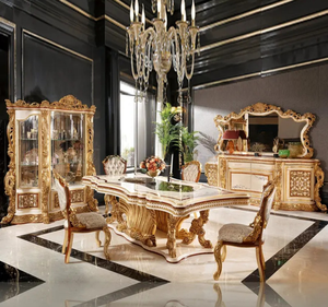 Ensemble de table à manger en teck massif doré royal de luxe, meubles de salle à manger sculptés à l'ancienne, fabriqués en Indonésie - Product Image 3