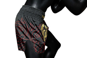Shorts de boxe Muay Thai pour hommes Fair Tex, motif flamme noire et rouge, en satin, taille élastique, design sportif, respirant, vente en gros RTS - Product Image 3