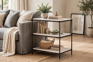 Mesa Auxiliar Moderna de 3 Niveles con Marco de Hierro y Tapa de Mármol Blanco, Multifuncional, Móvil, para Dormitorio o Sala de Estar - Product Image 3