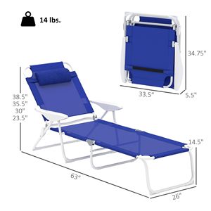 Blue Folding Chaise Lounge 4-Position <b>Reclining</b> Back Armrests Outdoor Sun Tanning Chair with Removable Pillow - Product Image 3