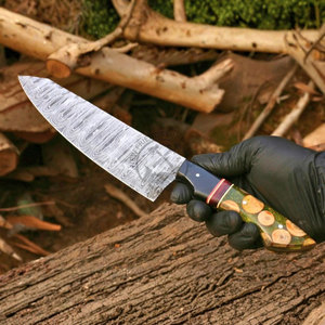 Couteau de chef en acier Damas forgé à la main, lame de 8-9,9 pouces, manche en résine, style japonais, ambidextre, lame pleine, tranchant comme une lame de rasoir, couteau de cuisine - Product Image 1