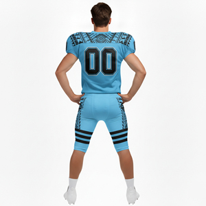 Custom Sublimated American Football Uniform Men's Light Blue V-Neck Short Sleeve Moisture Wicking Polyester Jersey and Pants Set - Product Image 3