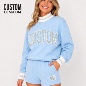 Women's Mock Neck Sweatshirt Shorts Set Letter Applique Contrast Stripe Ribbed Casual Lounge Two Piece Outfit Wholesale