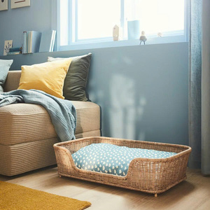 Cama rectangular de mimbre para mascotas, bandeja baja de ratán con cojín estampado, tumbona moderna para gatos y perros pequeños - Product Image 3