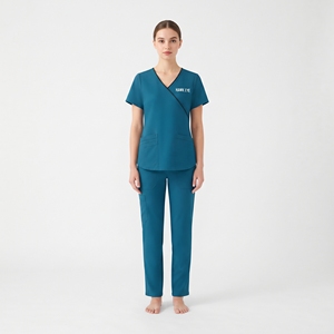 Hawk Eye <b>Women</b> Scrub Set <b>Teal</b> Short Sleeve Top Pants Hospital Uniforms with Pockets Polyester Woven Fabric - Product Image 2