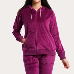 Sweat-shirt en velours à capuche et fermeture éclair pour femme, couleur unie violette, manches longues, longueur normale, respirant, pour l'automne - Product Image 1
