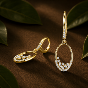 18K Yellow Gold Floating Baguette Lab Grown Diamond Round Drop <b>Earrings</b> Modern Open Oval <b>Hoop</b> Dangle Fine Jewelry for Women's - Product Image 3