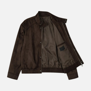 <b>Men's</b> Brown PU Leather Bomber <b>Jacket</b> Stand Collar Zipper Closure Casual Autumn Wear <b>Suede</b> Material Satin Lining - Product Image 1
