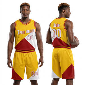 Maillot de basketball personnalisé sublimé jaune, rouge et blanc, col en V, sans manches, en maille respirante, coupe athlétique unisexe adulte, avec nom d'équipe et motifs de ballons - Product Image 4