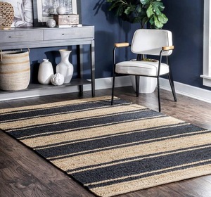 Tapis en jute naturel tissé à la main avec un design rayé moderne, durable, écologique, à poils plats, épaisseur moyenne, pour la maison et le salon - Product Image 4