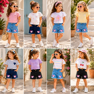 Conjuntos de Ropa para Niñas, Shorts de Mezclilla con Parches y Camisetas Transpirables de Verano, Ropa al por Mayor Hecha en Bangladesh - Product Image 4
