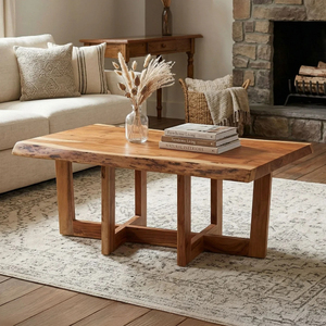 Mesa de Centro de Madera Rústica Hecha a Mano, Diseño Moderno con Borde Natural de Acacia, Muebles para Sala de Estar - Product Image 1