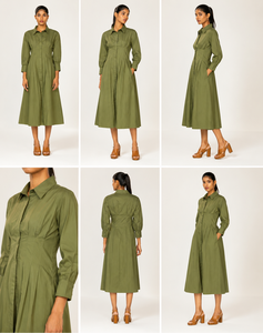 Robe chemise plissée vert olive pour femme |   Robe midi décontractée à manches longues et col, en mélange de coton, style A-line, pour le travail ou les loisirs - Product Image 5