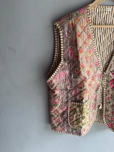 Gilet matelassé en coton floral pour femme, réversible, avec poches plaquées, col en V, sans manches, style automne, broderie main, CADEAU - Product Image 4