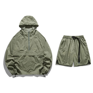 New Custom Woven Satin Polyester/Cotton Winter Casual Windbreaker <b>Set</b> for <b>Men</b> Quick Dry Solid Color Zip-Up <b>Hoodie</b> & <b>Shorts</b> - Product Image 4