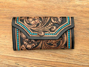 Nouvelle pochette pour femme en cuir taillé occidental Offre Spéciale portefeuille en cuir turquoise et noir organisateur de haute qualité transporter tout le portefeuille - Product Image 3