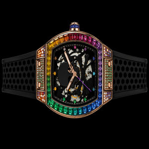 Reloj de pulsera de lujo para hombre con diseño de calavera y gemas de arcoíris, correa de caucho negra y caja de oro rosa, estilo hip hop - Product Image 3