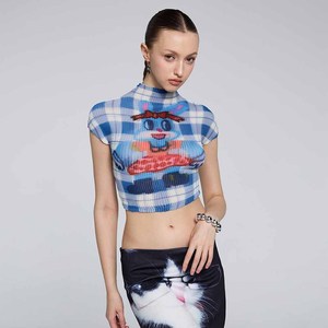 Women's Blue Plaid Cartoon Print Crop <b>Top</b> <b>Cap</b> <b>Sleeve</b> Turtleneck Knitted Spring Summer Slim Fit Spandex Polyester - Product Image 5