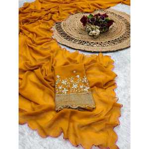 ผ้าส่าหรีแบบเรียบผ้าจอร์เจียพร้อมเสื้อสีเหลือง - Product Image 1