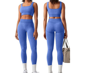 Women's 2 Piece Seamless Yoga Set Square Neck <b>Crop</b> Top High Waist Full Length <b>Leggings</b> Solid Blue Sportswear Workout Outfit - Product Image 1