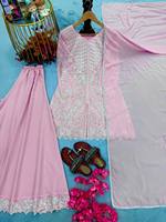 Setelan Sharara IndoWeaves Pink Georgette Bordir Atasan Dupatta Cepat Kering Anti Kusut Gaya Tradisional India/Pakistan
