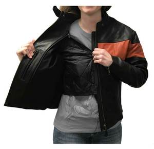 Veste en cuir pour femme, noire et orange, à blocs de couleur, manches longues, fermeture éclair sur le devant, toutes saisons, style motard - Product Image 5