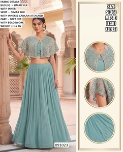 Mint Green Lehenga Choli Set with Beadwork <b>Net</b> Cape and Floor-Length <b>Skirt</b> - Product Image 1