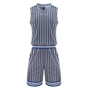 Ensemble de maillots de basket-ball sublimés personnalisés pour hommes, col en V, sans manches, rayé bleu et blanc, respirant, en polyester, vêtements de sport pour adultes - Product Image 1