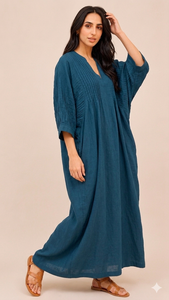 Kaftan Kurta décontracté en soie Dupion bleu sarcelle pour femme, longueur genou, manches trois quarts - Product Image 3