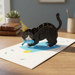 Carte 3D pop-up chat avec chapeau de fête et oiseau, carte de vœux en papier artisanal pour la décoration de la maison - Product Image 5