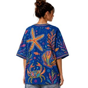 เสื้อยืดโอเวอร์ไซส์สีน้ำเงินกรมท่าสำหรับผู้หญิง พิมพ์ลายมหาสมุทรสีสันสดใส สไตล์ลำลอง ผ้าฝ้าย สตรีทแวร์ ใส่สบายช่วงฤดูร้อน ทรงหลวม รับผลิตตามสั่ง ขายส่ง - Product Image 2