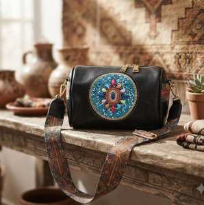 Bohemian Geometric Pattern PU Single <b>Crossbody</b> Handbag Mini Shoulder <b>Bag</b> Beading Zipper Closure Saddle Purse <b>Waterproof</b> Stylish - Product Image 3