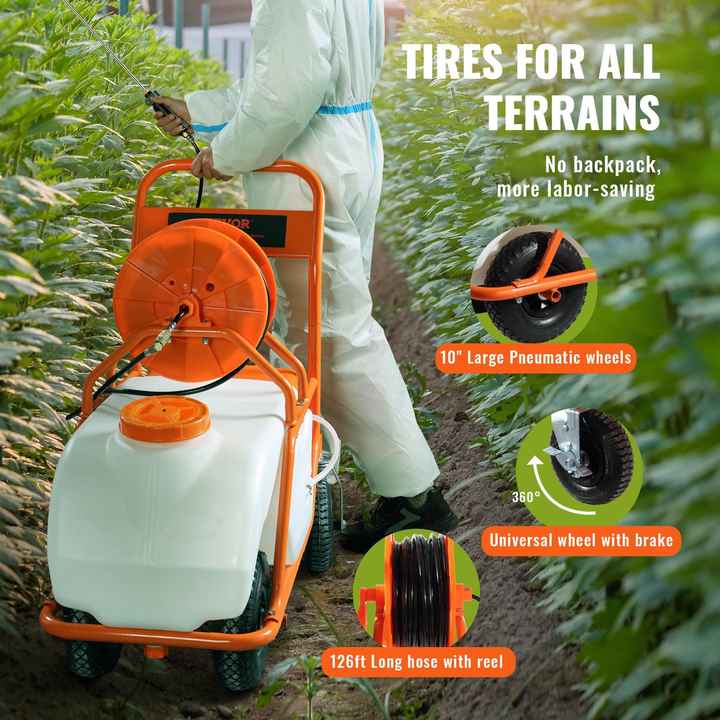 Hot Sale 15 Gallon Battery-Powered Lawn Sprayer Adjustable 0-90 PSI Wide Mouth Lid 8 Nozzles 2 Wands 12V 12Ah Battery Wheel Wheel