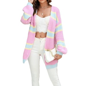 Cardigan en polyester/coton pour femme, nouveau design haut de gamme automne-hiver, à rayures, manches lanternes, col en V, avec appliques sur le devant - Product Image 1