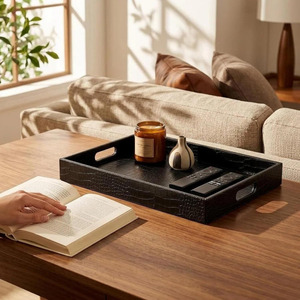 Alligator Faux Leather Rectangular Serving Tray with Handles, for Coffee <b>Table</b>, Living <b>Room</b>, <b>Dressing</b> <b>Table</b> Leather Trays - Product Image 6