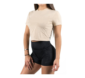 Women's <b>Maroon</b> Crop <b>Top</b> Short Sleeve Crew Neck Slim Fit Solid Color Casual T-Shirt Breathable Jersey Knitted Spring Summer Wear - Product Image 4