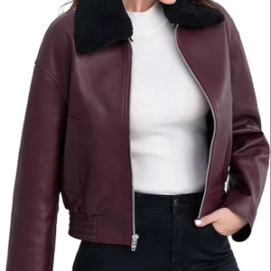 <b>Women's</b> Brown <b>Leather</b> Bomber <b>Jacket</b> With Fur Trim Zipper Closure Full Sleeve Winter Outerwear Regular Fit - Product Image 6