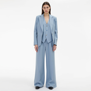 Ensemble tailleur pantalon et blazer 2 pièces sur mesure en mélange lin-coton bleu clair <span class=keywords><strong>pour</strong></span> <span class=keywords><strong>femme</strong></span>, coupe oversize, idéal <span class=keywords><strong>pour</strong></span> le bureau et les occasions formelles - Product Image 3