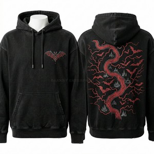 Custom Oversized Black Hoodie Men Red River Bat Graphic Vintage Wash Pullover Heavyweight Cotton Streetwear Hoody Factory - Product Image 1