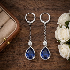 Designer Blue Hydro <b>Earrings</b> 6 Inch <b>Long</b> Pear Shape with CZ 925 Sterling <b>Silver</b> 18K Gold Plated Statement Jewelry - Product Image 5