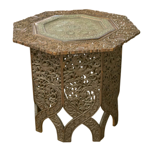 Mesa auxiliar plegable de madera maciza de mango, estilo marroquí, hecha a mano, con superficie redonda y acabado marrón antiguo, para decoración de la sala de estar. - Product Image 4