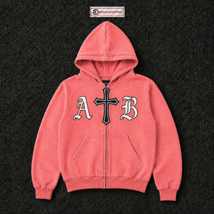 Sudadera con capucha rosa coral personalizada con cremallera, estilo gótico oversize con gráfico de cruz y letras AB, ropa urbana unisex de moda para hombre. - Product Image 5